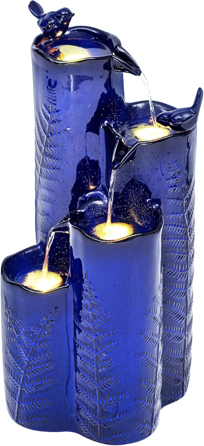 32" Outdoor Water Fountain, Ceramic Outdoor Fountain, Stacked 4-Tier Vase Waterfalls for Garden, Patio, Yard, or Porch Decor, Creating Relaxing Serene Oasis, Embossed Leaf Pattern, Cobalt Blue