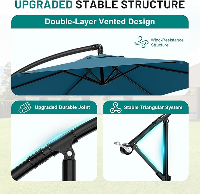 AreShark 10FT Patio Outdoor Umbrella, Offset Patio Umbrella Cantilever Umbrella, 6 Sturdy Ribs, Easy Adjustment for Garden Market Pool with Cross Base (Lake Blue)