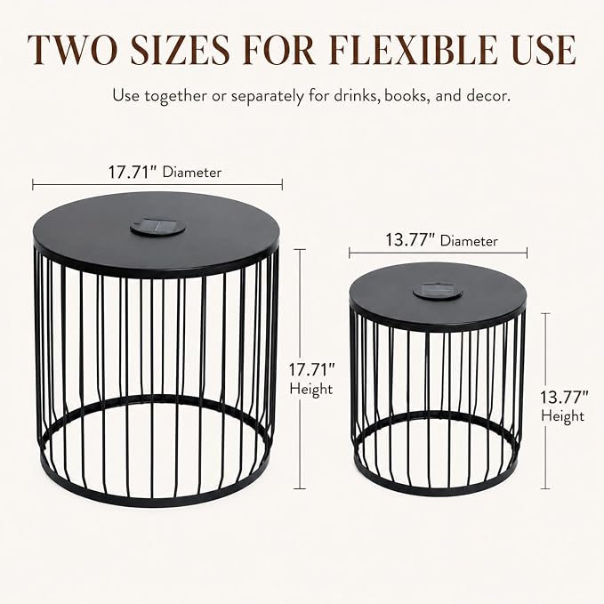 HRVEOCEI Black Round Nesting Coffee Table Set of 2, 2 PCS Small Outdoor Nesting Tables with LED Light for Living Room, Metal Side Table Set for Balcony Patio (45 Inch + LED)