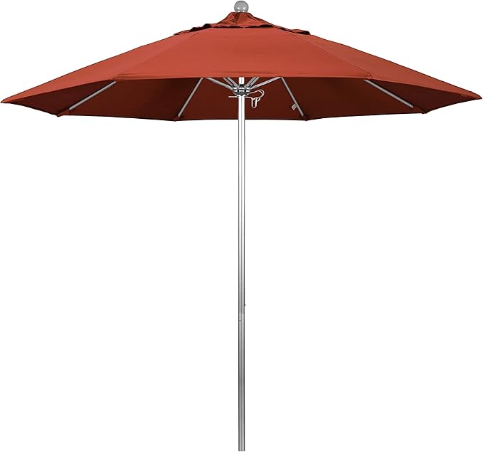 California Umbrella 9' Round Aluminum/Fiberglass Umbrella, Push Open, Silver Pole, Sunbrella Terracotta