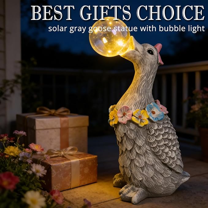 Porch Goose Statue with Solar Bubble Light Garden Gray Figurine Decor for Yard Lawn Patio Outdoor Decorations Housewarming Gifts for Mom Grandma Women