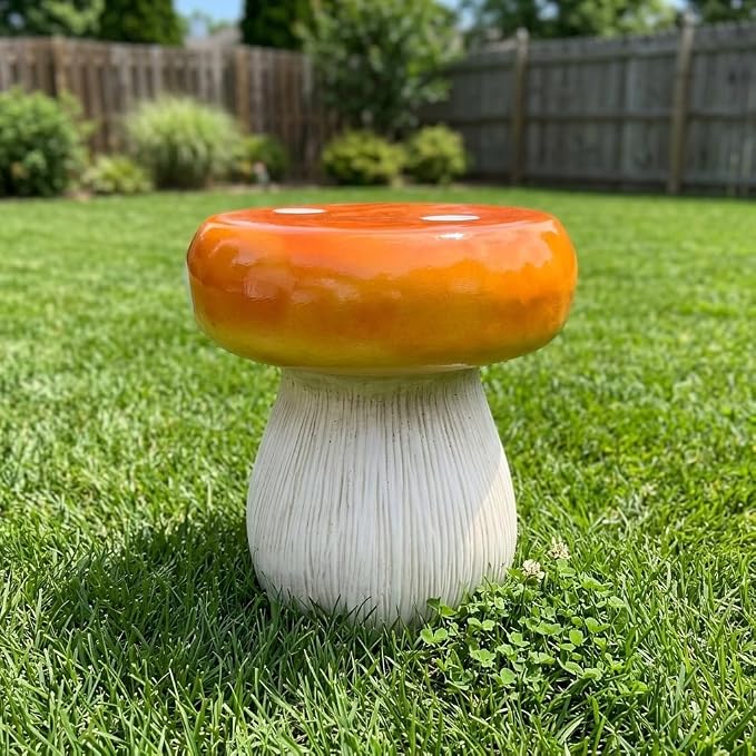 13.8" Mushroom Resin Stool, Novelty Fruit Side Table & Plant Stand, Whimsical Indoor Outdoor Garden Patio Decor, No Assembly Required (Orange Mushroom)
