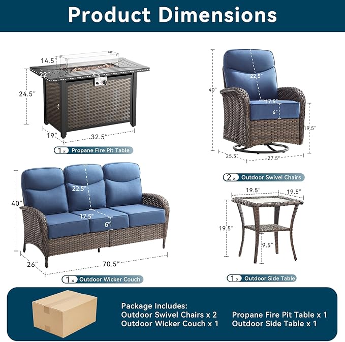 Luxury Patio Furniture Set with 42.5" Fire Pit Table, 6-Inch Thick Cushions Wicker Outdoor Furniture with High Back Swivel Patio Chairs Set of 2, Patio Conversation Set for Deck Garden Porch, Blue
