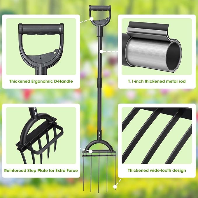 Broadfork Garden Tool, 51IN Pitch Fork for Gardening 5-Tine Heavy Duty Garden Fork with Ergonomic D-Grip Handle for Digging Loosening Soil Cultivating Weeding Composting