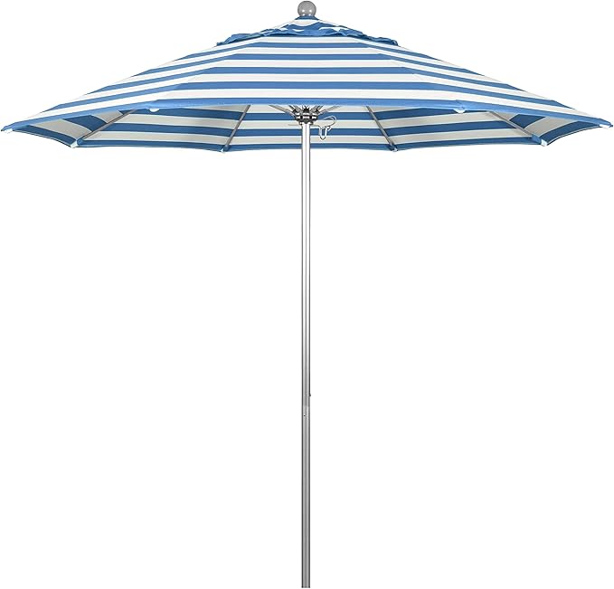 California Umbrella 9' Rd. Venture Series Contract Grade Patio Umbrella, Push Open Pin Stop, Silver Finish, Sunbrella Cabana Regatta