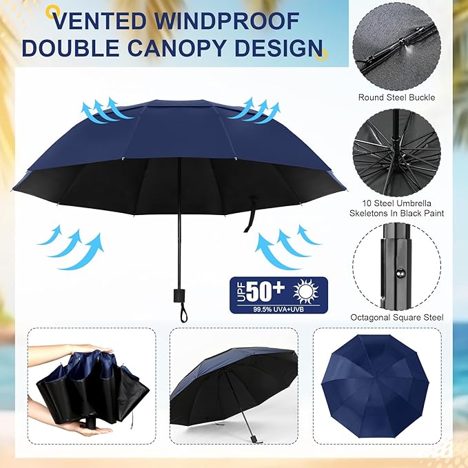 2 Pack Large Double Canopy Sun Umbrella for Chairs with Square Tube Clamp Foldable Portable Beach Umbrella for Chair Golf Cart Patio Wheelchair Outdoor Camping Fishing