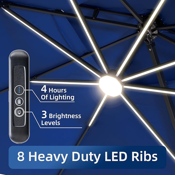 10x13 FT Patio Umbrella with Weighted Base and LED Lights Cantilever Outdoor Large Heavy Duty Rectangle Aluminum Offset Umbrellas Double Top 360 Rotation for Pool Deck Garden, Navy