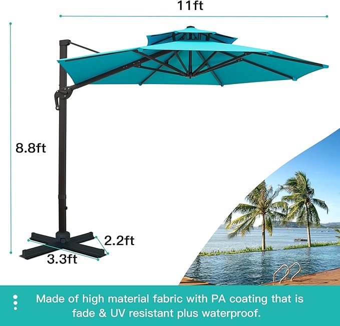 Sunnyglade 11FT Double Top Cantilever Patio Umbrella Deluxe Offset Umbrella 360° Rotation & Integrated Tilting System Heavy Duty Outdoor Umbrella for Market Garden Deck Pool Backyard Patio(Blue)