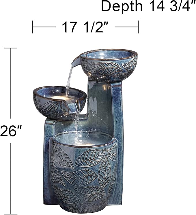 Summer Leaves 26" High Large Zen Indoor Outdoor Decor Ceramic Floor Fountain with Light LED Standing Waterfall Bowl Tiered Water Feature for Outside Garden Patio Yard Backyard Porch - John Timberland