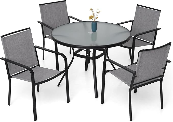 Anmutig 5-Piece Outdoor Patio Dining Set, 40 Inch Round Glass Table with 4 Stackable Chairs, Grey
