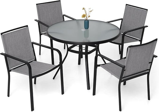 Anmutig 5-Piece Outdoor Patio Dining Set, 40 Inch Round Glass Table with 4 Stackable Chairs, Grey