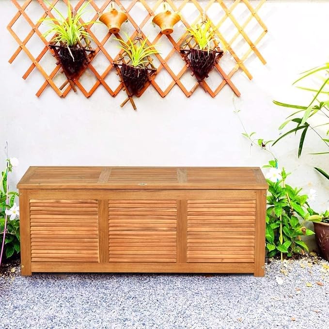 HOMGX Acacia Wood Outdoor Storage Box, 46 Gallon Deck Box Patio Bench for Toys Storage, Gardening Tools, Porch, Backyard