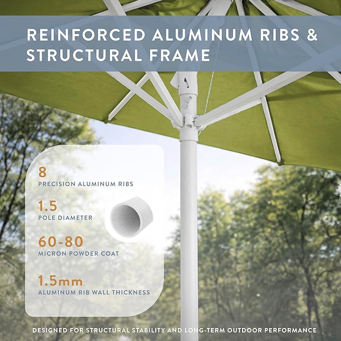 California Umbrella 10-Year Protection 9 Ft Outdoor Patio Umbrella, Pacifica Fade-Resistant Fabric, Auto-Tilt, Heavy Duty Aluminum Frame, 8 Reinforced Ribs for Pool or Deck, White Pole, Ginkgo