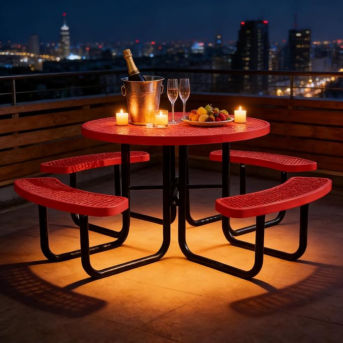 46" Round Picnic Tables for Outdoors,Commercial Metal Picnic Table Bench Set W/ Umbrella Hole,Restaurant School Canteen Tables W/Seats - Heavy Duty Sturdy Picnic Tables for Patio Garden Coffee Shop