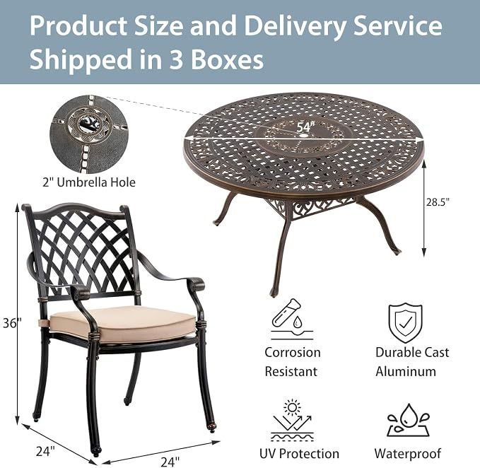 5-Pcs Cast Aluminum Patio Dining Set for 4, 54" Round Table,Bronze | Outdoor Furniture Set Include Dining Table and 4 Stackable Chairs with Cushions & Umbrella Hole
