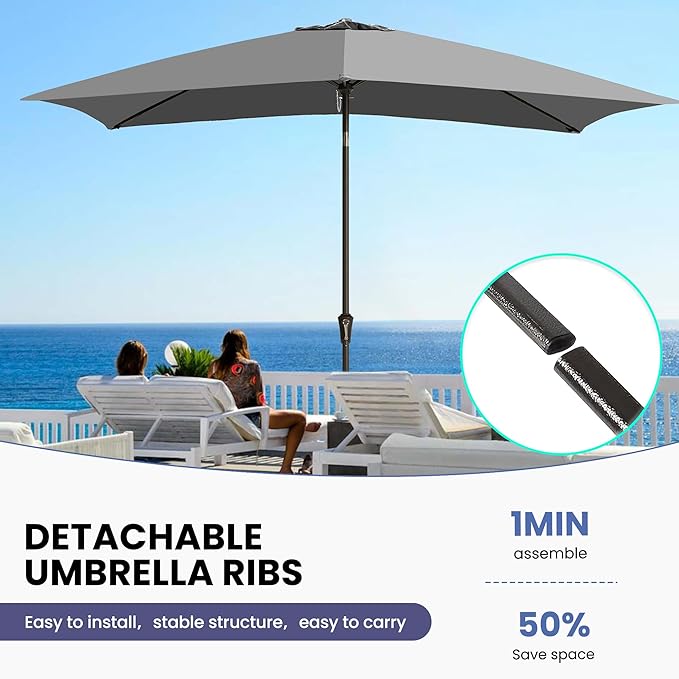 Ayge 6.5x10FT Rectangular Patio Umbrella Outdoor Table Umbrella w/Push Button Tilt & Crank Rectangle Market Umbrella UV Protection for Garden,Deck,Lawn,Yard & Pool,Grey