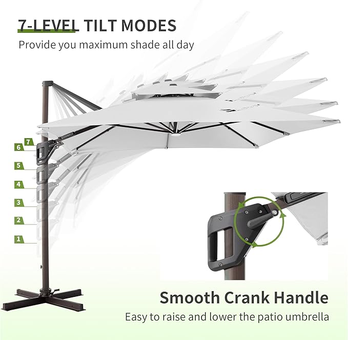JZAC & QZYD 10X13 FT Outdoor Cantilever Patio Umbrella with LED Lights, Large Heavy Duty 2-Tier Aluminum Offset Umbrellas with 360-Degree Rotation for Pool Deck, FogGrey