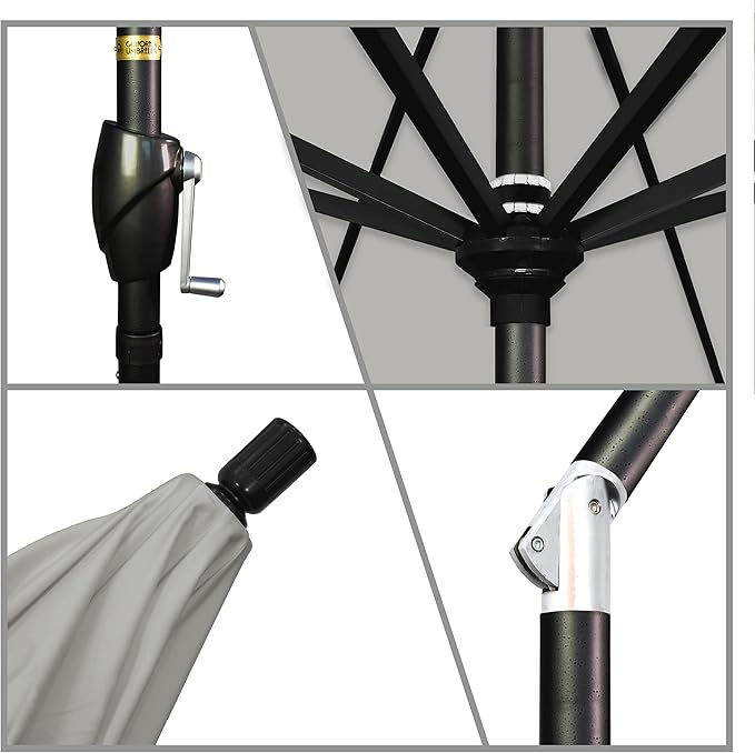 California Umbrella GSPT908302-5402 9' Round Aluminum Market, Crank Lift, Push Button Tilt, Black Pole, Sunbrella Granite