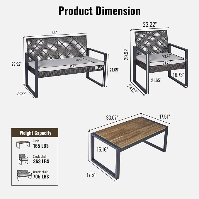 LUMISOL 4-Piece Outdoor Wicker Patio Conversation Furniture Set for Backyard, Wicker Conversation Set Outdoor with Acacia Wood Table Top, Brown