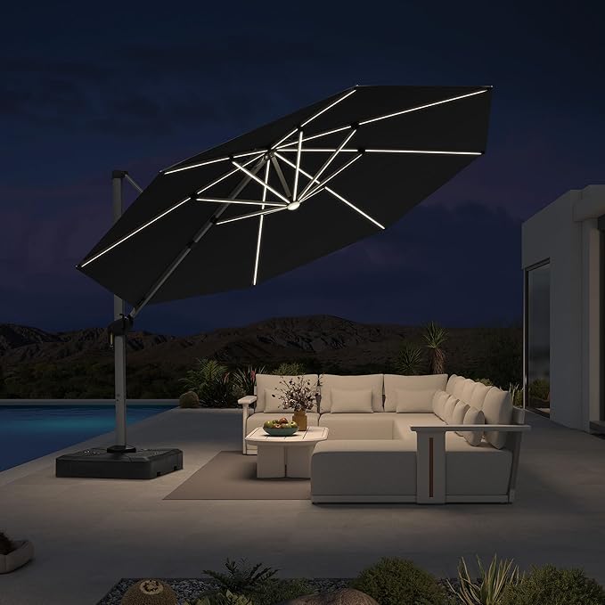 PURPLE LEAF Cantilever Umbrella with Base 13ft Outdoor Round Patio Solar Powered LED Umbrella with 360-degree Rotation for Garden Deck Pool Patio, Grey