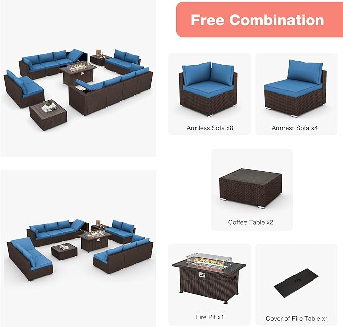 HOMREST 15 Pieces Outdoor Patio Furniture Set with 44" Propane Fire Pit Table, PE Rattan Sectional Sofa Conversation Set w/Adjustable Bracket, Wood Coffee Table for Backyard (Blue)