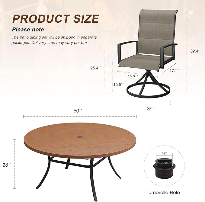 VICLLAX 9 Pieces Outdoor Dining Set, Patio Furniture Set Includes 60" Round Metal Table W/ 1.9" Umbrella Hole and 8 Padded Textilene Swivel Chairs for Porch, Lawn, Garden, Backyard