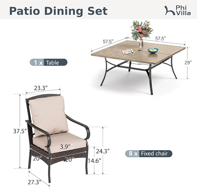 PHI VILLA 9 PCS Outdoor Dining Sets, 57.5” All-Weather Patio Table and Chairs Set for 8, Heavy Duty Patio Table Set Square for Deck, 8 Extra Large Outdoor Stationary Dining Chairs with Thick Cushions