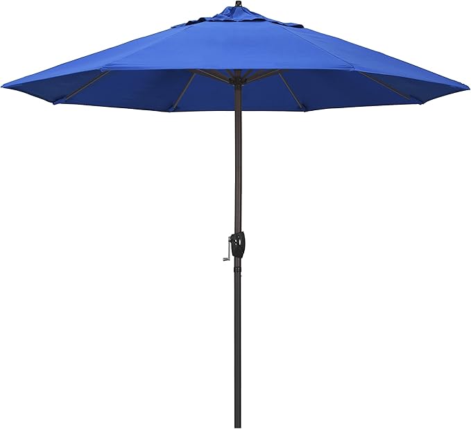 California Umbrella 9' Round Aluminum Outdoor Deck, Pool or Patio Umbrella, Crank Lift, Auto Tilt, Bronze Pole, Royal Blue