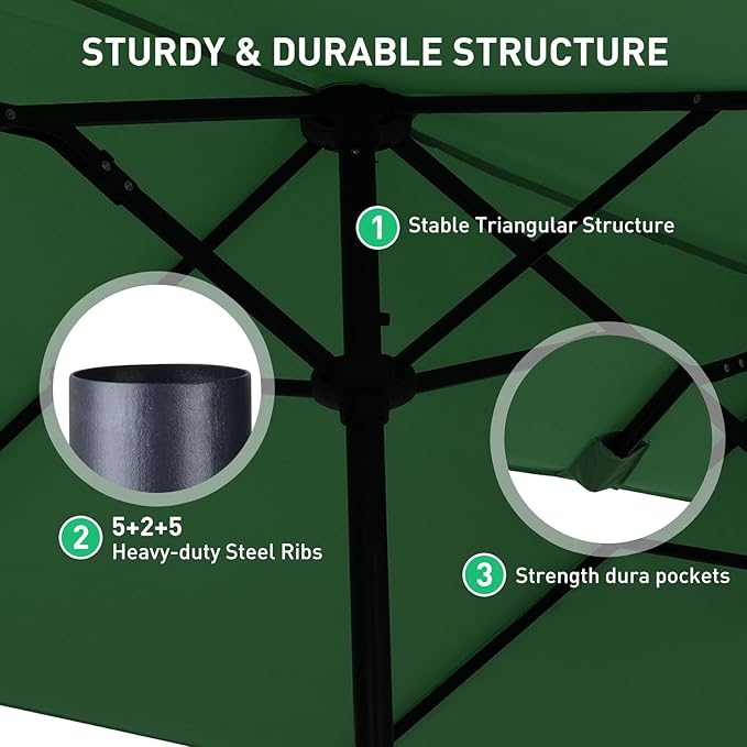 13 ft Patio Umbrella with Base, Large Rectangle Outdoor Umbrella with Matching Stand, Strap, Crank, Green