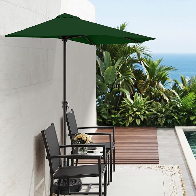 AreShark 9FT Half Patio Umbrella, Outdoor Wall Umbrella with Crank & 5 Sturdy Ribs, Table 1/2 Umbrella Patio for Garden, Deck, Balcony and Pool, Dark Green