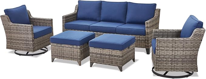 Outdoor Patio Furniture Set-5 Pieces All-Weather Wicker Outdoor Furniture with Swivel Patio Chairs Outdoor Patio Conversation Sets for Garden Porch Deck Grey/Blue