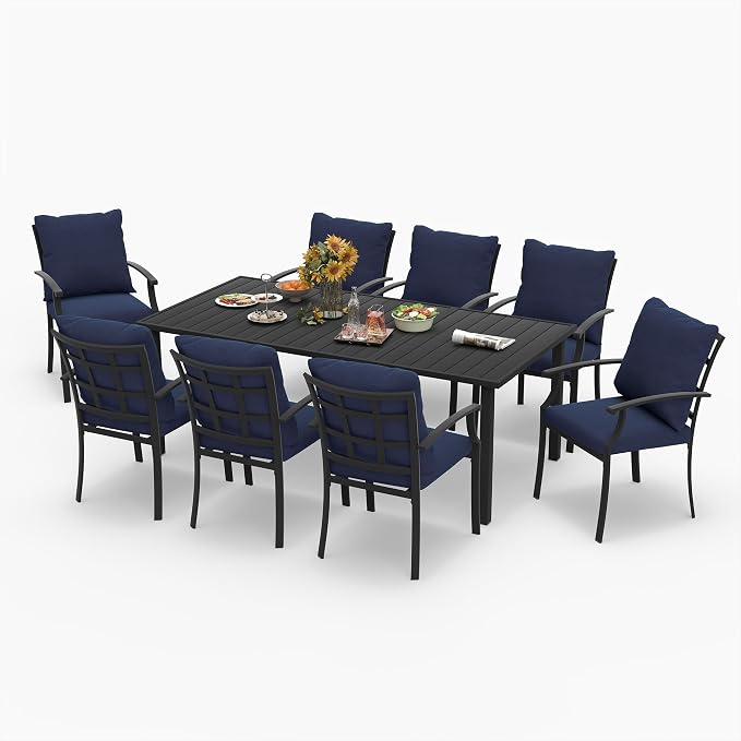 HAPPATIO 9-Piece Patio Dining Set, Outdoor Dining Set with Powder-Coated Metal,Dining Table with Umbrella Hole, 8 Stackable Chairs with Removable Cushions for Porch Poolside Garden,Navy Blue