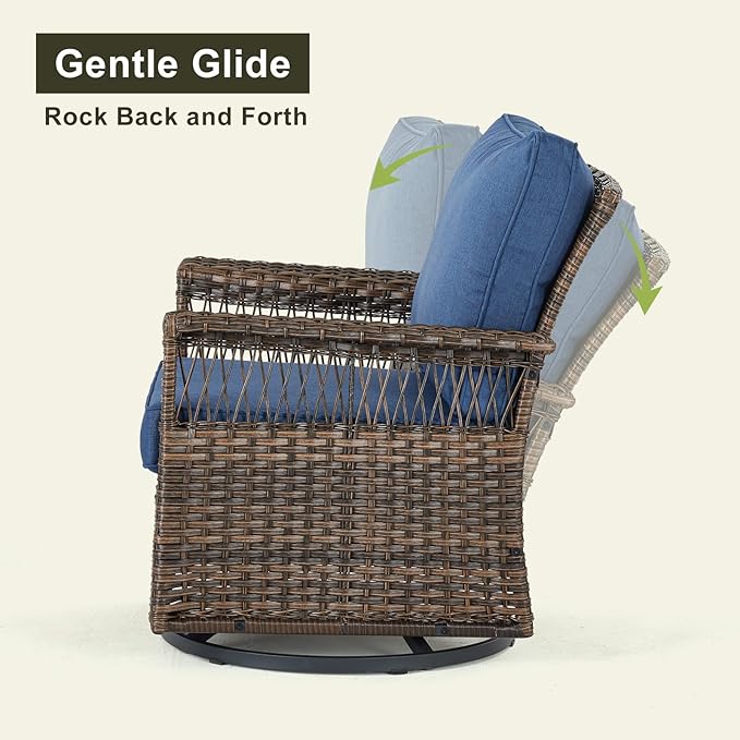 Outdoor Wicker Patio Furniture Set - 5 Piece Rattan Patio Conversation Sets with 2 Rocking Swivel Chairs,2 Ottomans and 1 Sofa for Porch Deck Garden(Brown/Blue)