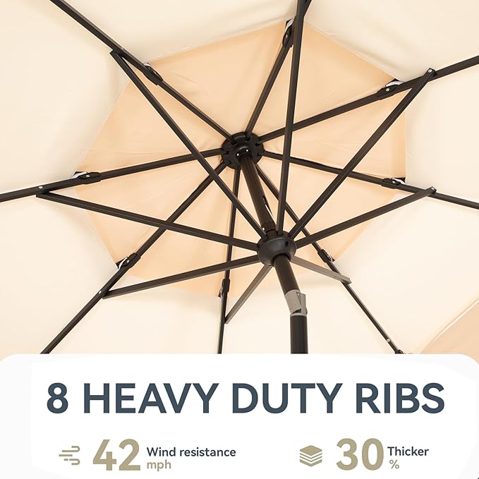 GREEN PARTY 10ft Patio Umbrella with Solar Lights, Auto-Tilt Lighted Market Table Umbrellas with Crank, 8 Sturdy Ribs & 1.5" Pole outdoor umbrellas for Patio Garden Deck Backyard Pool, Beige & Tan