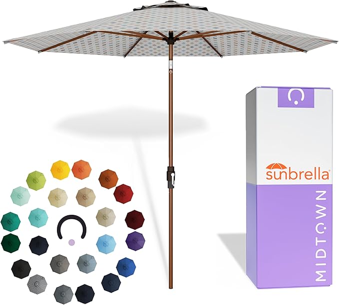 Midtown Umbrellas Wooden 2-8 Ft Patio Umbrella with 360° Swivel & Tilt Mechanism, 8 Fiberglass Ribs & Sunbrella Fabric - Outdoor Umbrella for Deck, Pool & Garden - Burgundy Canopy, Wooden Pole