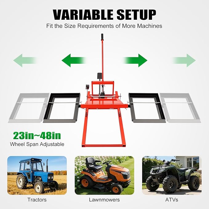 Lawn Mower Lift, Hydraulic Cylinder Lift Jack, 500lbs Capacity, 23-48in Adjustable Wheel Span Distance, 17.5-24in Lift Height, for Garden Tractors, Lawn Mowers, All-Terrain Vehicles, Red+ Black