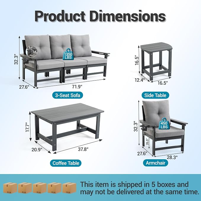 HDPE Outdoor Patio Furniture Set, 7 PCs All Weather Performance Patio Conversation Set w/Back and Seat Cushions, Free Combination Outdoor Furniture for Patio, Lawn, Poolside, Backyard, Grey