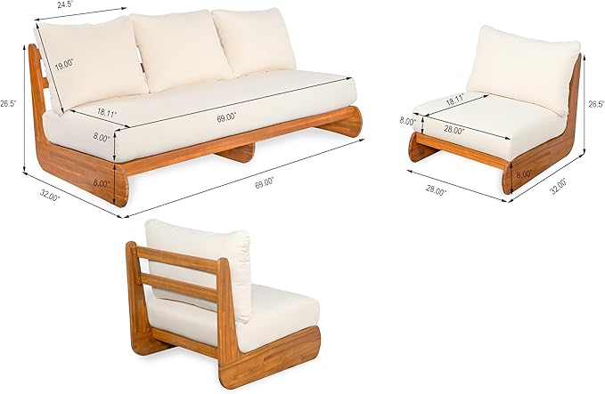 Outdoor Acacia Wood 3-Pieces Patio Chat Set, All Weather Conversation Sectional Sofa Set with 3 Seater Sofa and 2 Club Chairs, Low-Profile 5 Seater Design