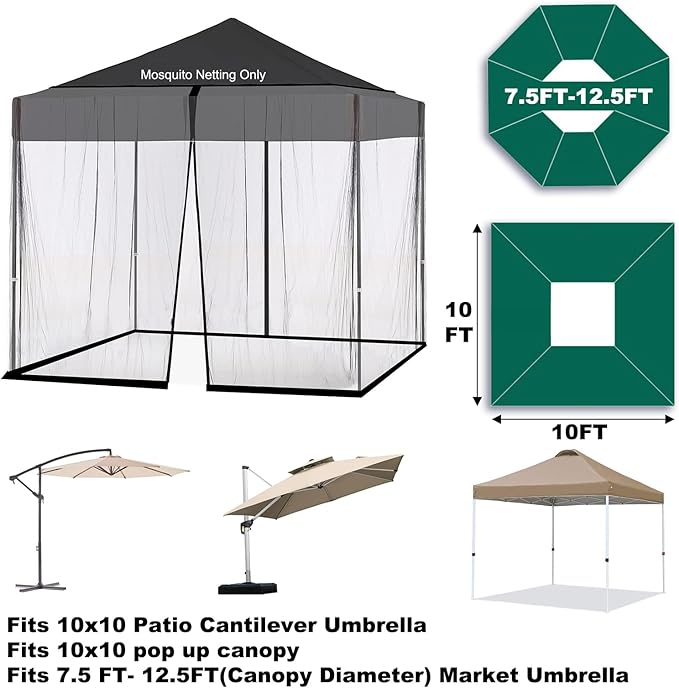 Umbrella Mosquito Netting, Square 10x10, for 10-13ft Patio Cantilever Umbrella, with Adjustable Rope and Double Zipper Door (Black)