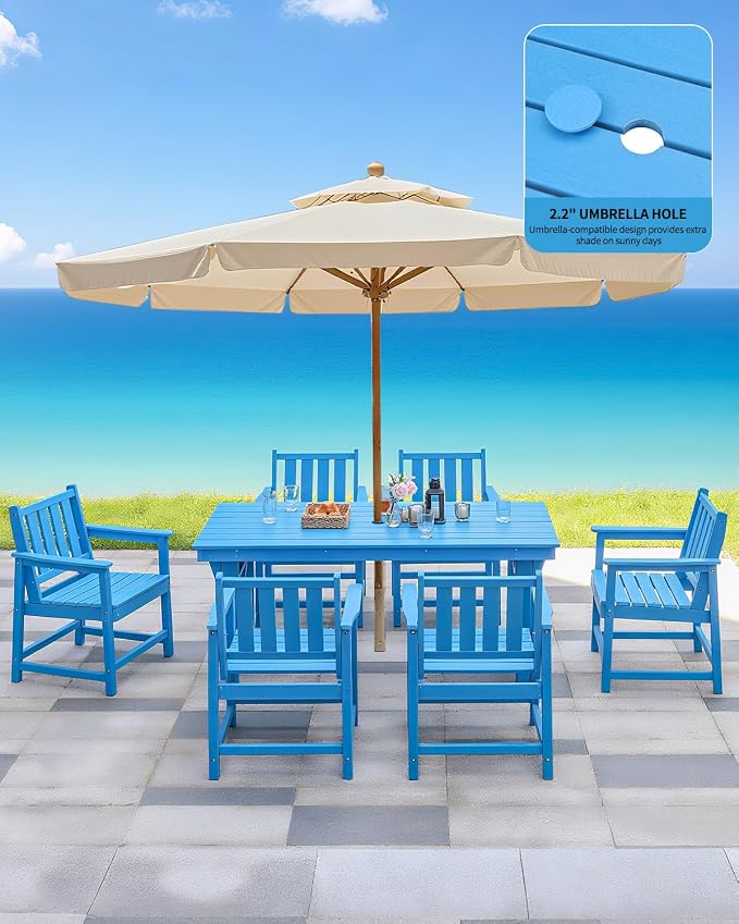 7-Piece Patio Dining Table Sets, Outdoor HDPE Dining Furniture Set Umbrella Hole Cut-Out Table and 6 Chairs for Backyard, Lawn, Deck and Poolside, Blue