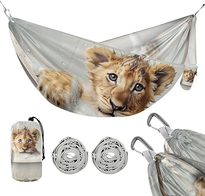 FRMG Lion Bathing in The Bathtub Camping Hammock 500 lbs Capacity Portable Hammocks with Tree Straps & Attached Carry Bag, Camping Essentials Gear 2014129a