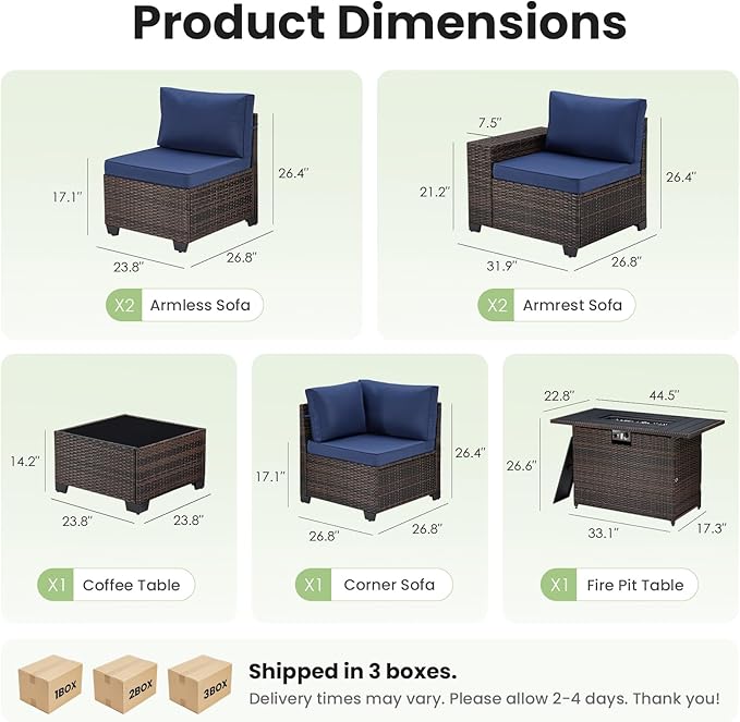Soohow 7-Piece Patio Furniture Set with 44" Fire Pit Table, Outdoor Sectional Wicker Rattan Conversation Set for Garden, Porch, Backyard - Navy Blue Cushions