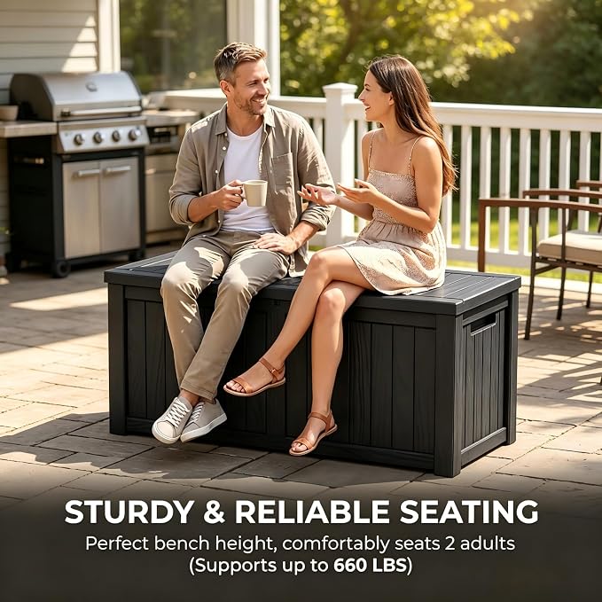 150 Gallon Resin Outdoor Storage Box for Garden Tools, Pool Supplies & Patio Cushions – Waterproof & UV-Resistant, Durable Material – Lockable (Black)
