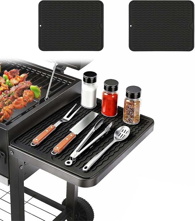 2 Pack Silicone Grill Tools Mat for Blackstone Weber Traeger Pit Boss Flat Top Grill Smoker,BBQ Accessories Pad Mats for Outdoor Kitchen Counter Cooking, Side Shelf Spatula Mat,Gifts for Men (Black)