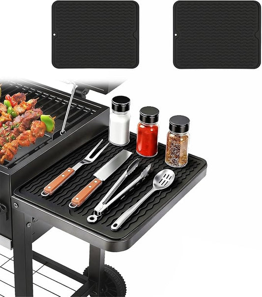 2 Pack Silicone Grill Tools Mat for Blackstone Weber Traeger Pit Boss Flat Top Grill Smoker,BBQ Accessories Pad Mats for Outdoor Kitchen Counter Cooking, Side Shelf Spatula Mat,Gifts for Men (Black)