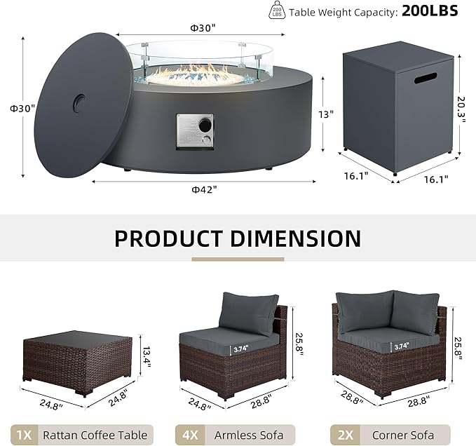 UPHA 9 Pieces Patio Furniture Sets, Wicker Outdoor Sectional Sofa Couch with Round Propane Pit for Deck Backyard Garden, Brown Rattan, Dark Gray Cushion