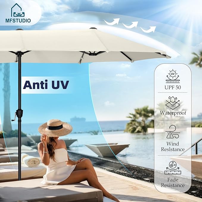 MFSTUDIO 13ft Outdoor Patio Umbrella, Double Sided Large Rectangular Umbrella Market Table Twin Triple Rectangle Umbrellas with Crank Handle for Outside Picnic Backyard Deck Pool (no base)