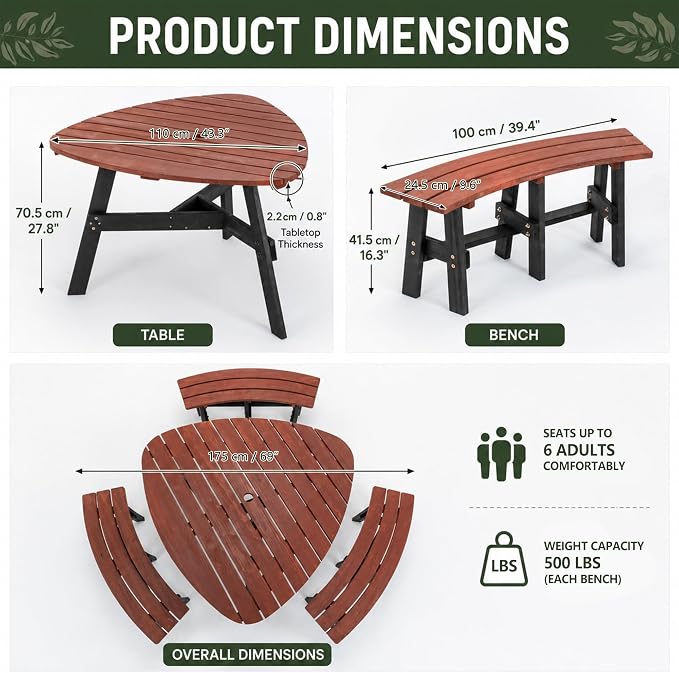 Wood Picnic Table with Benches &Umbrella Hole Elegant Triangle Outdoor Picnic Table for 3-6 People Reddish-Brown Tabletop and Black Legs for Backyard, Porch, Patio, Deck