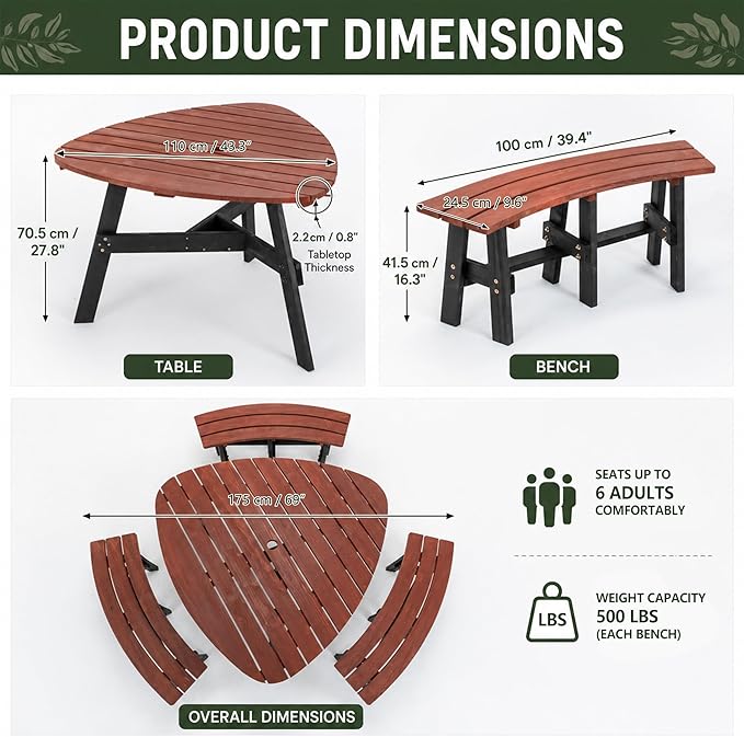 KEIKI 6-Person Outdoor Picnic Table Set with Benches & Umbrella Hole | Seats 6 with a 1,500 lb capacity, solid fir wood, umbrella hole, and 3 built-in benches for outdoor dining