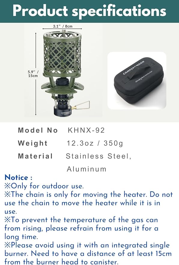 CAMPINGMOON T-HEATER GASWARE Gas Heater Propane Isobutane for Camping Outdoor Collaboration Limited Edition with EVA Case (Green)